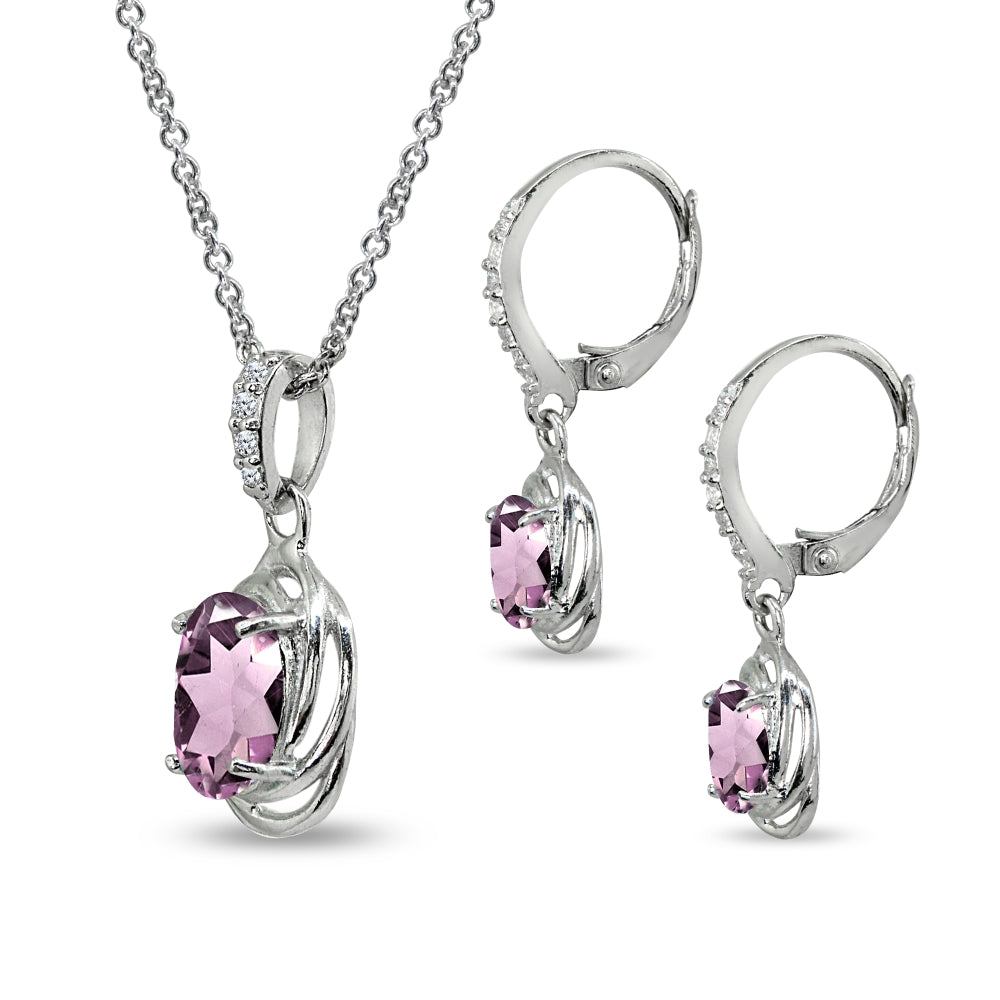 Sterling Silver Created Alexandrite & Cubic Zirconia Oval Love Knot Leverback Earrings & Pendant Necklace Set-2