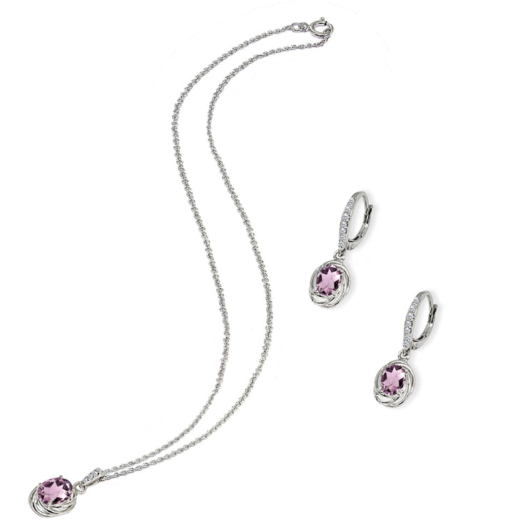 Sterling Silver Created Alexandrite & Cubic Zirconia Oval Love Knot Leverback Earrings & Pendant Necklace Set