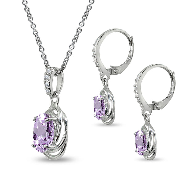 Sterling Silver Amethyst & Cubic Zirconia Oval Love Knot Leverback Earrings & Pendant Necklace Set