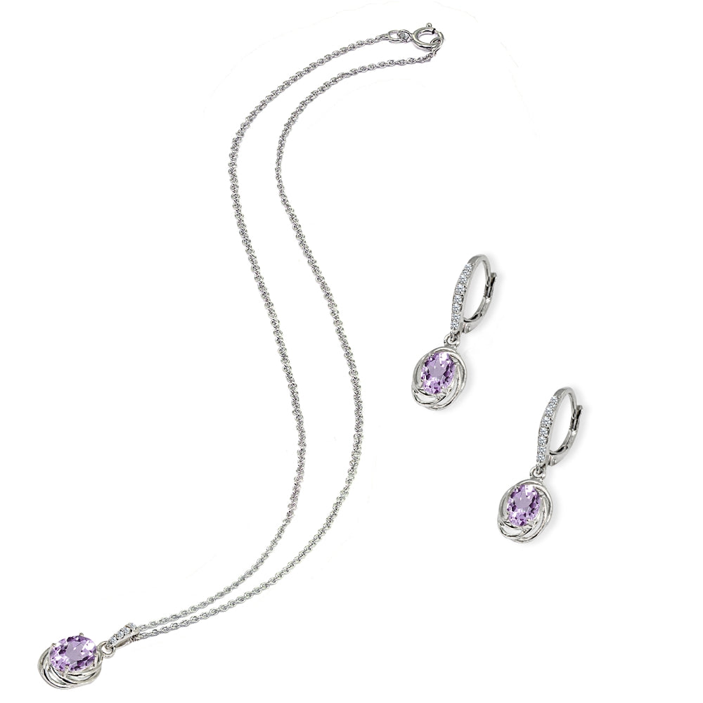 Sterling Silver Amethyst & Cubic Zirconia Oval Love Knot Leverback Earrings & Pendant Necklace Set-3