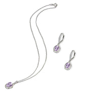 Sterling Silver Amethyst & Cubic Zirconia Oval Love Knot Leverback Earrings & Pendant Necklace Set