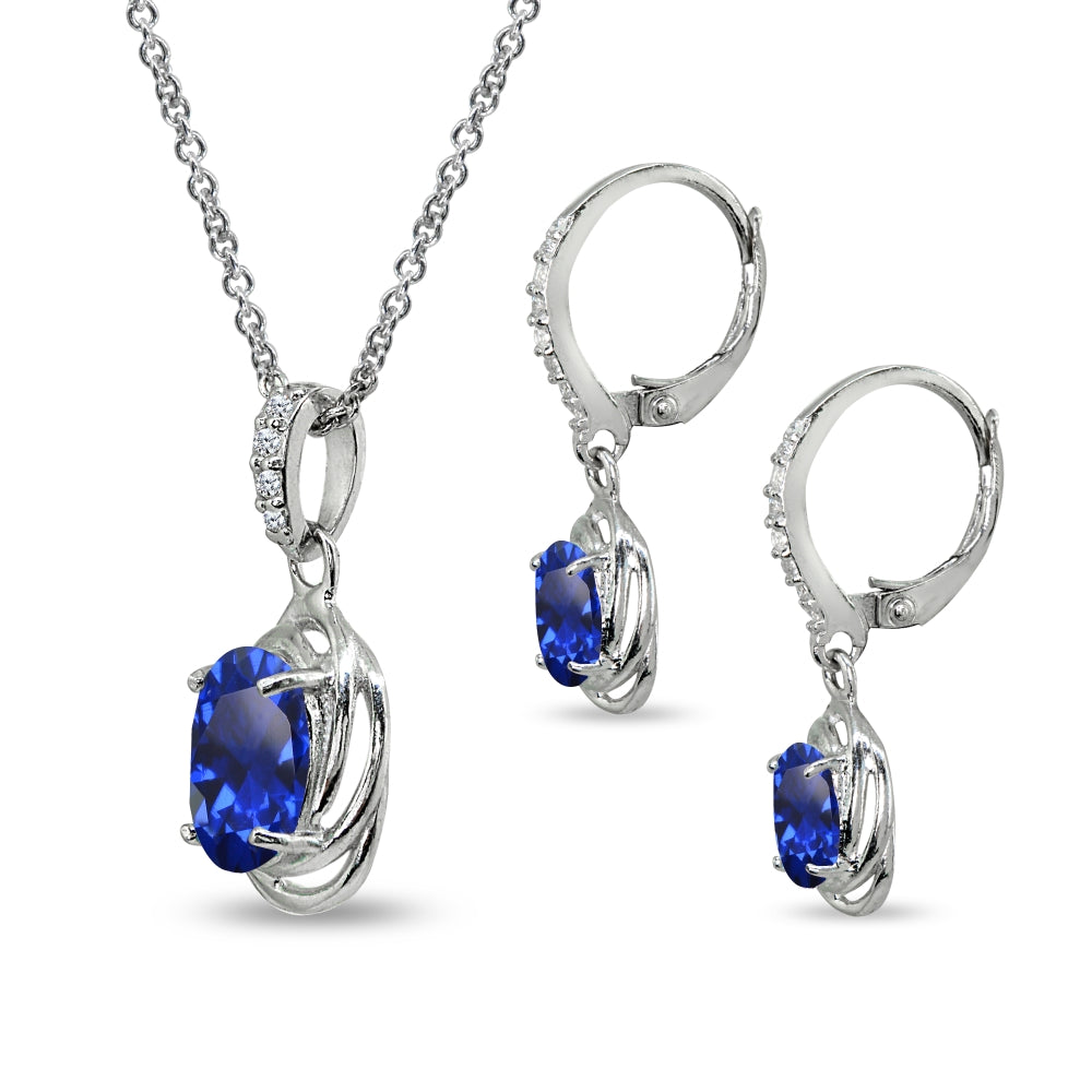 Sterling Silver Created Blue Sapphire & Cubic Zirconia Oval Love Knot Leverback Earrings & Pendant Necklace Set-2