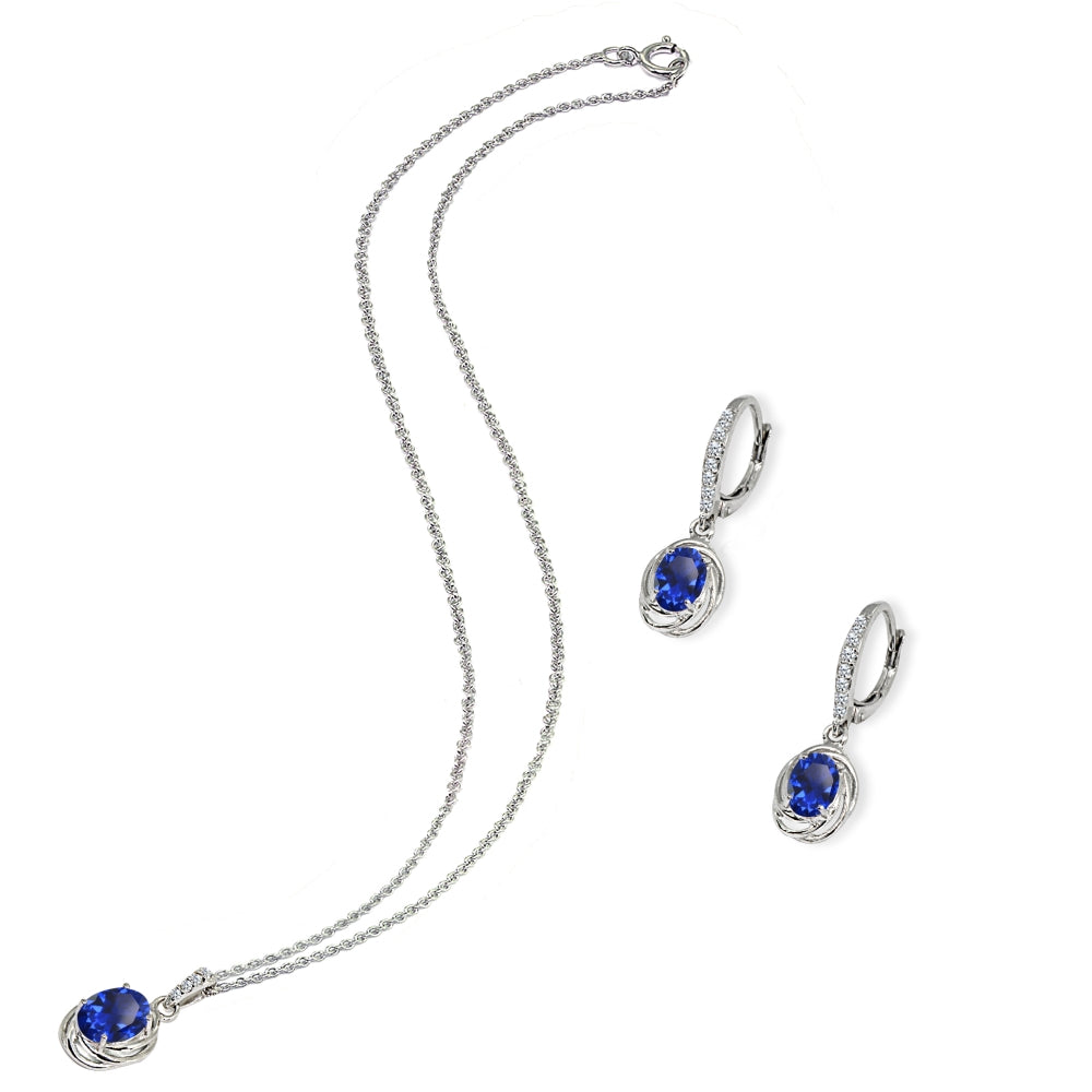 Sterling Silver Created Blue Sapphire & Cubic Zirconia Oval Love Knot Leverback Earrings & Pendant Necklace Set-3