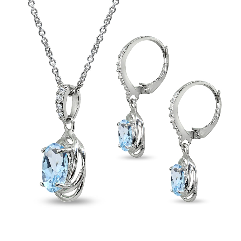 Sterling Silver Blue Topaz & Cubic Zirconia Oval Love Knot Leverback Earrings & Pendant Necklace Set-2