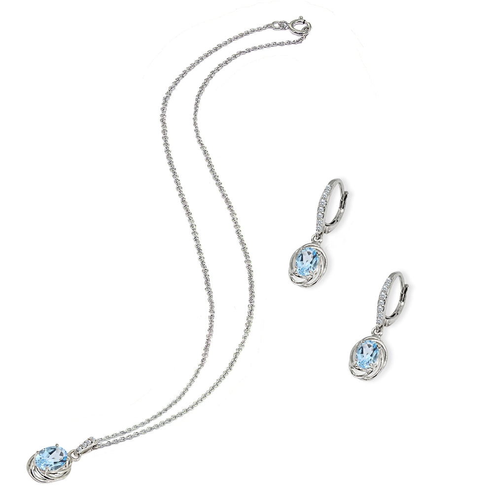 Sterling Silver Blue Topaz & Cubic Zirconia Oval Love Knot Leverback Earrings & Pendant Necklace Set-3