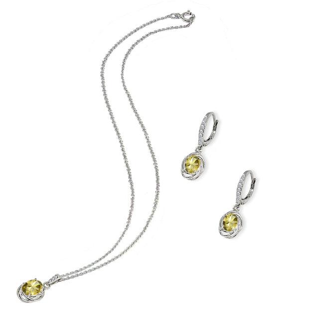 Sterling Silver Citrine & Cubic Zirconia Oval Love Knot Leverback Earrings & Pendant Necklace Set