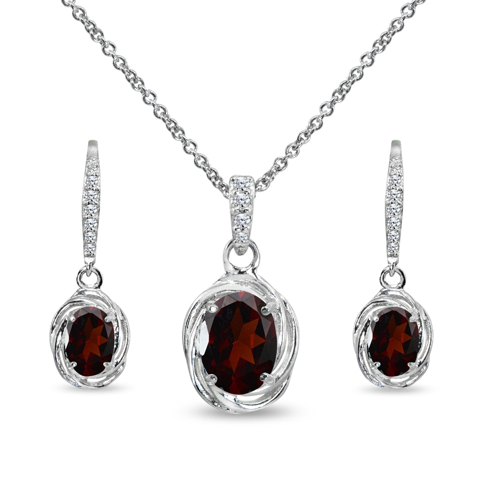 Sterling Silver Garnet & Cubic Zirconia Oval Love Knot Leverback Earrings & Pendant Necklace Set