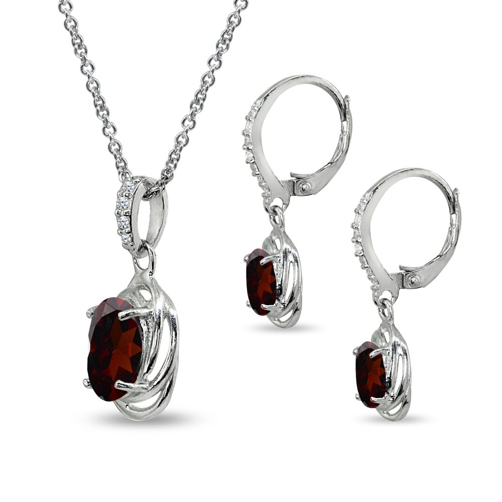 Sterling Silver Garnet & Cubic Zirconia Oval Love Knot Leverback Earrings & Pendant Necklace Set-2