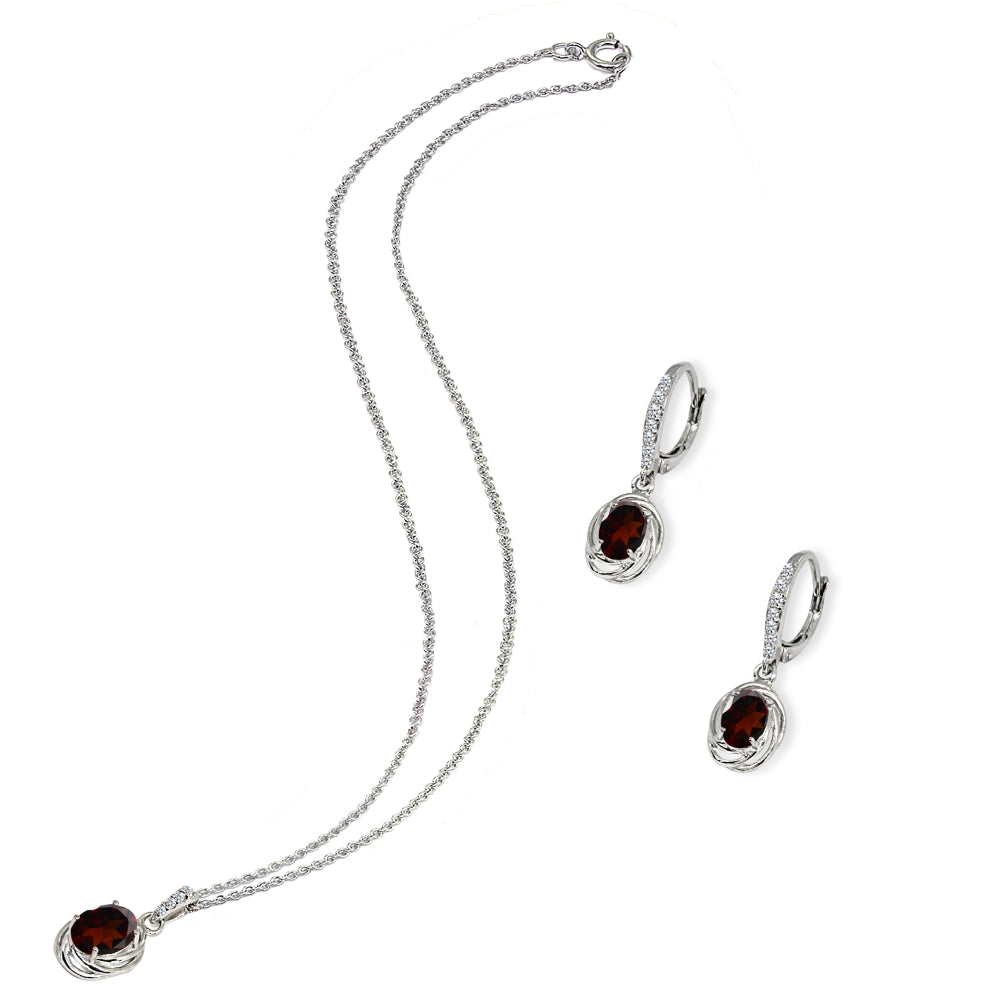 Sterling Silver Garnet & Cubic Zirconia Oval Love Knot Leverback Earrings & Pendant Necklace Set-3
