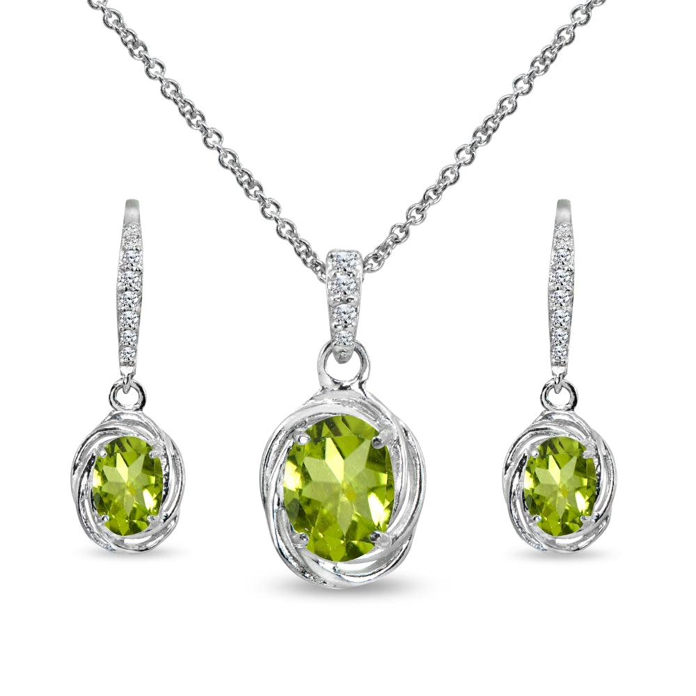 Sterling Silver Peridot & Cubic Zirconia Oval Love Knot Leverback Earrings & Pendant Necklace Set