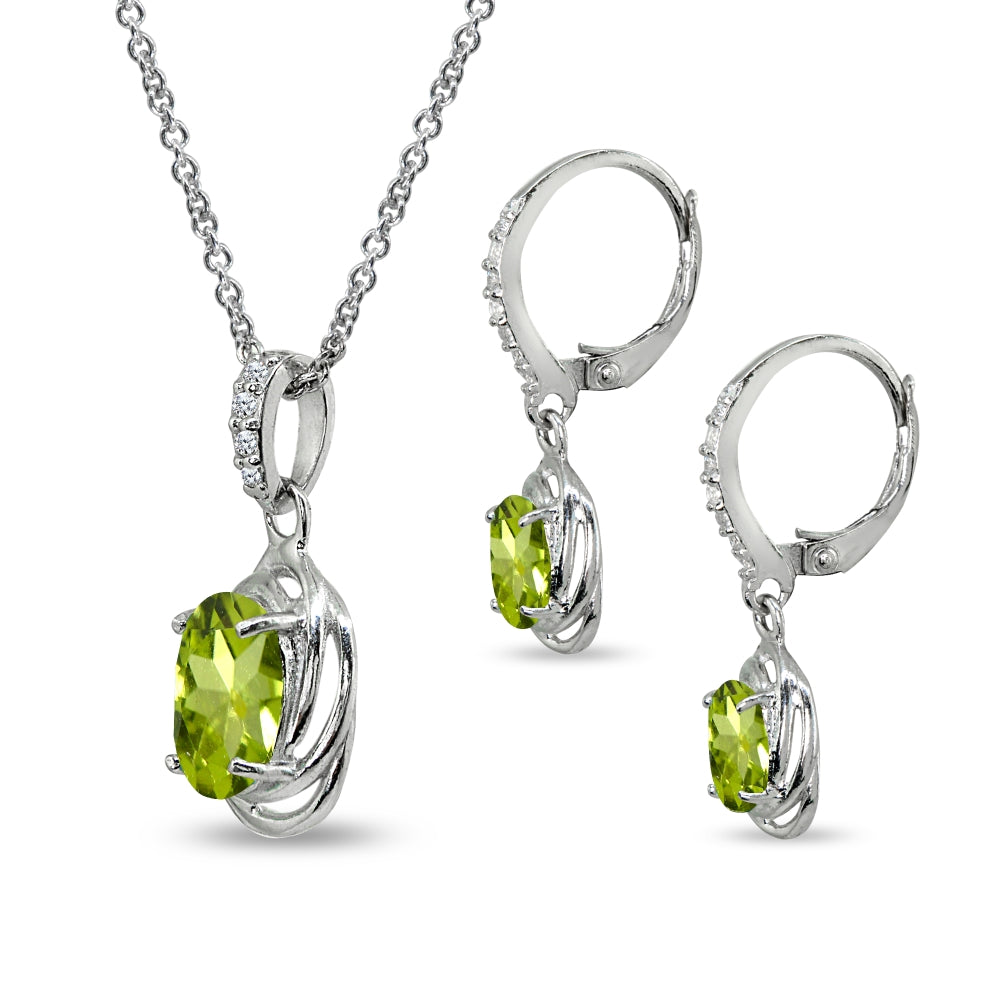 Sterling Silver Peridot & Cubic Zirconia Oval Love Knot Leverback Earrings & Pendant Necklace Set-2