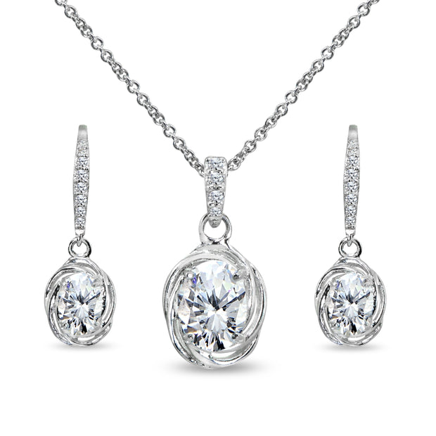 Sterling Silver Cubic Zirconia Oval Love Knot Leverback Earrings & Pendant Necklace Set