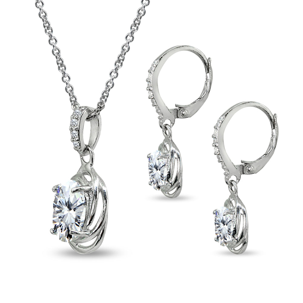 Sterling Silver Cubic Zirconia Oval Love Knot Leverback Earrings & Pendant Necklace Set-2