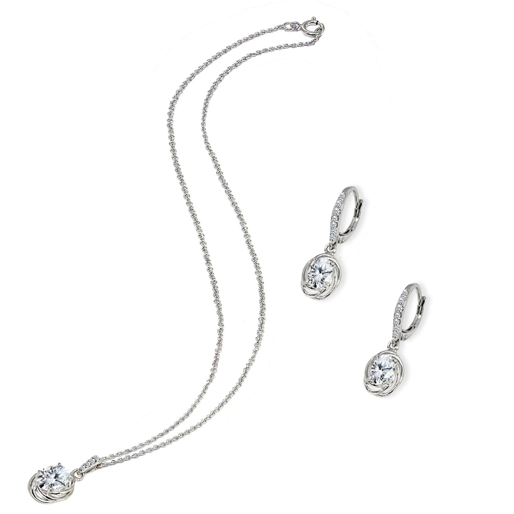 Sterling Silver Cubic Zirconia Oval Love Knot Leverback Earrings & Pendant Necklace Set-3