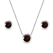 Sterling Silver Garnet 7mm Round Bezel-Set Solitaire Dainty Necklace and Stud Earrings Set