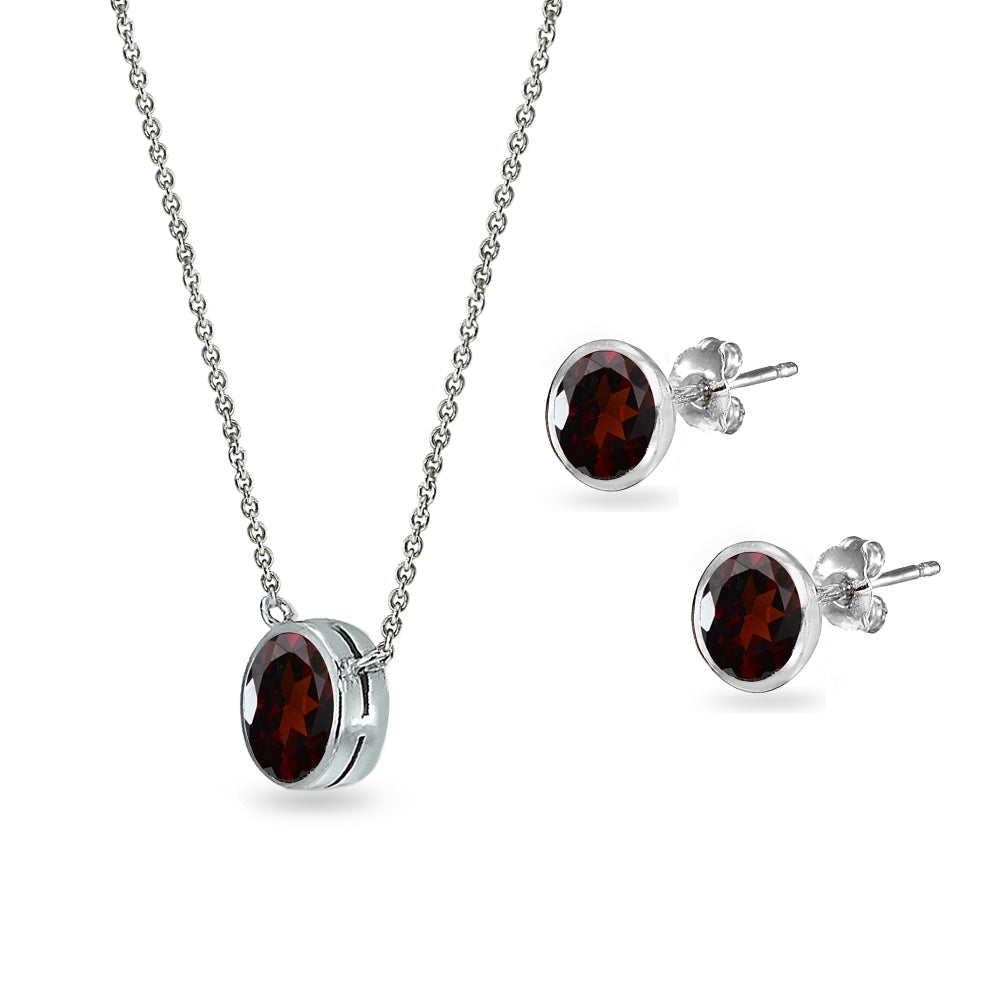 Sterling Silver Garnet 7mm Round Bezel-Set Solitaire Dainty Necklace and Stud Earrings Set-2