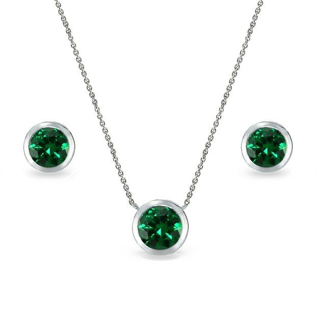 Sterling Silver Simulated Emerald 7mm Round Bezel-Set Solitaire Dainty Necklace and Stud Earrings Set