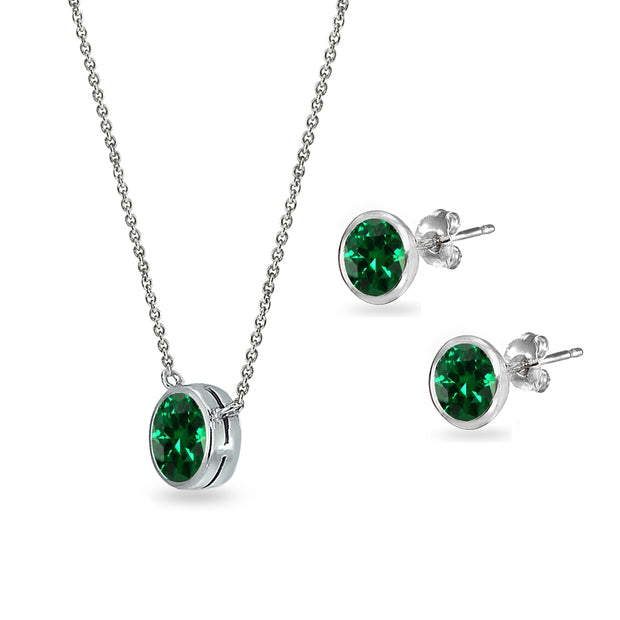 Sterling Silver Simulated Emerald 7mm Round Bezel-Set Solitaire Dainty Necklace and Stud Earrings Set