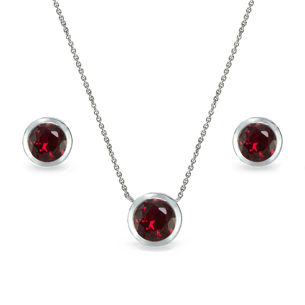 Sterling Silver Created Ruby 7mm Round Bezel-Set Solitaire Dainty Necklace and Stud Earrings Set