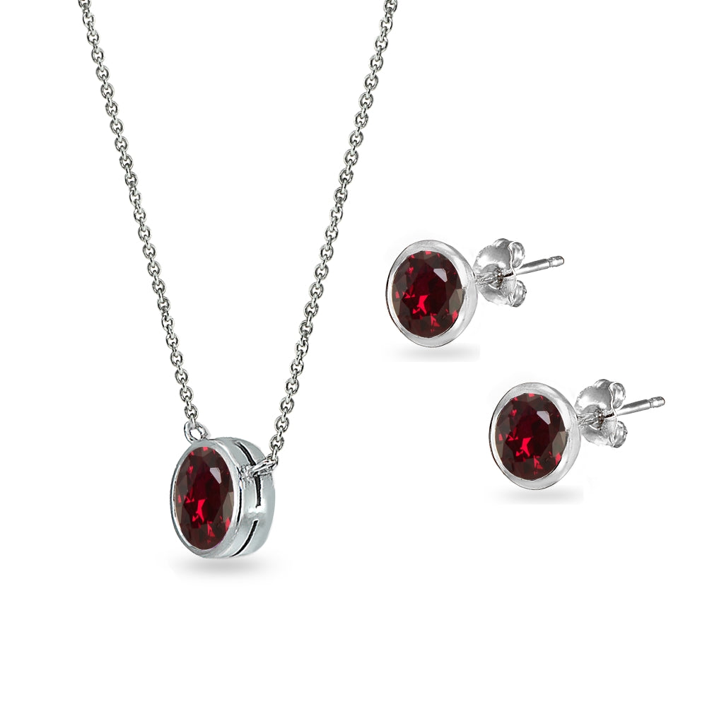 Sterling Silver Created Ruby 7mm Round Bezel-Set Solitaire Dainty Necklace and Stud Earrings Set-2