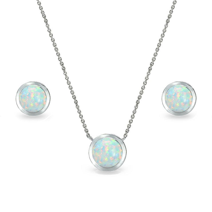 Sterling Silver Created White Opal 7mm Round Bezel-Set Solitaire Dainty Necklace and Stud Earrings Set