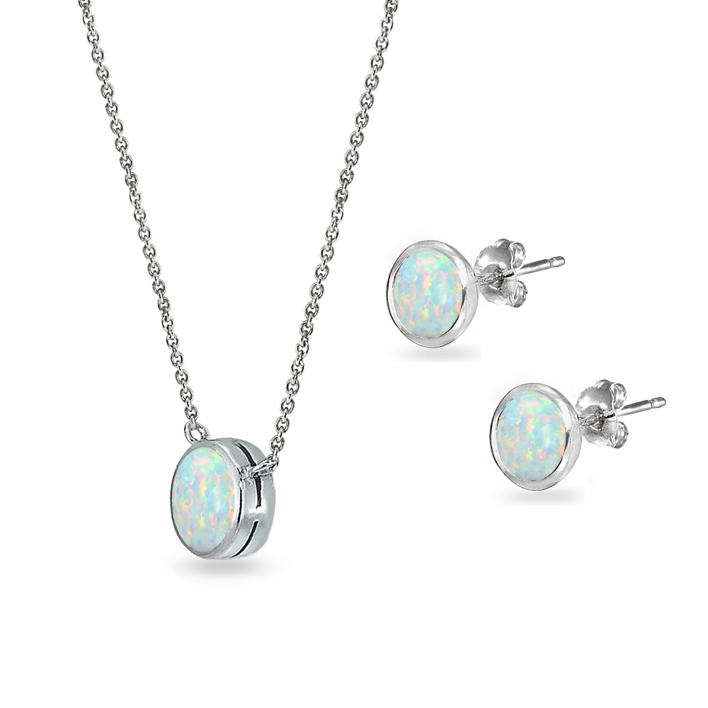 Sterling Silver Created White Opal 7mm Round Bezel-Set Solitaire Dainty Necklace and Stud Earrings Set-2