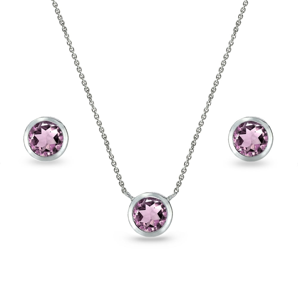 Sterling Silver Created Alexandrite 5mm Round Bezel-Set Solitaire Small Dainty Choker Necklace and Stud Earrings Set