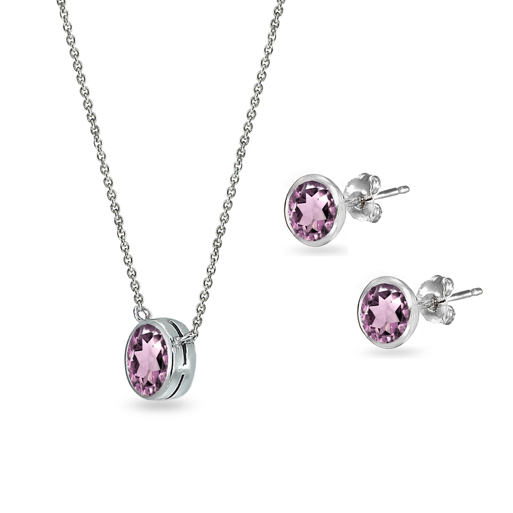 Sterling Silver Created Alexandrite 5mm Round Bezel-Set Solitaire Small Dainty Choker Necklace and Stud Earrings Set-2