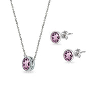 Sterling Silver Created Alexandrite 5mm Round Bezel-Set Solitaire Small Dainty Choker Necklace and Stud Earrings Set