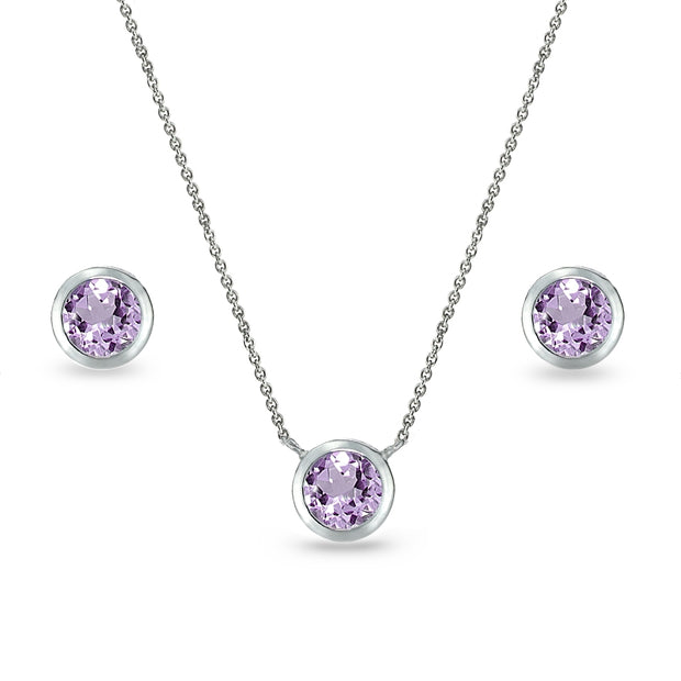 Sterling Silver Amethyst 5mm Round Bezel-Set Solitaire Small Dainty Choker Necklace and Stud Earrings Set