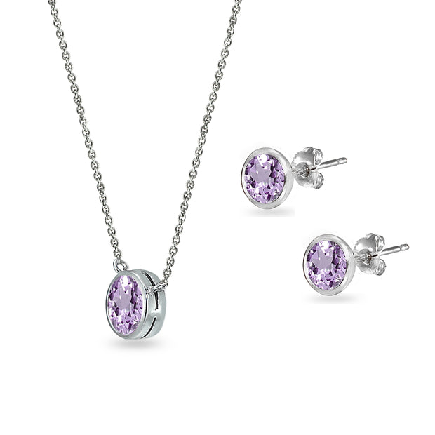 Sterling Silver Amethyst 5mm Round Bezel-Set Solitaire Small Dainty Choker Necklace and Stud Earrings Set