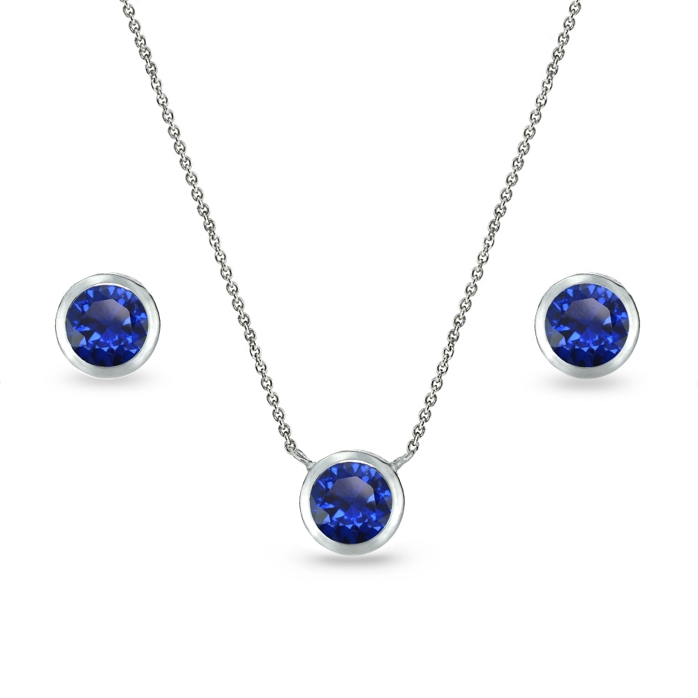 Sterling Silver Created Blue Sapphire 5mm Round Bezel-Set Solitaire Small Dainty Choker Necklace and Stud Earrings Set