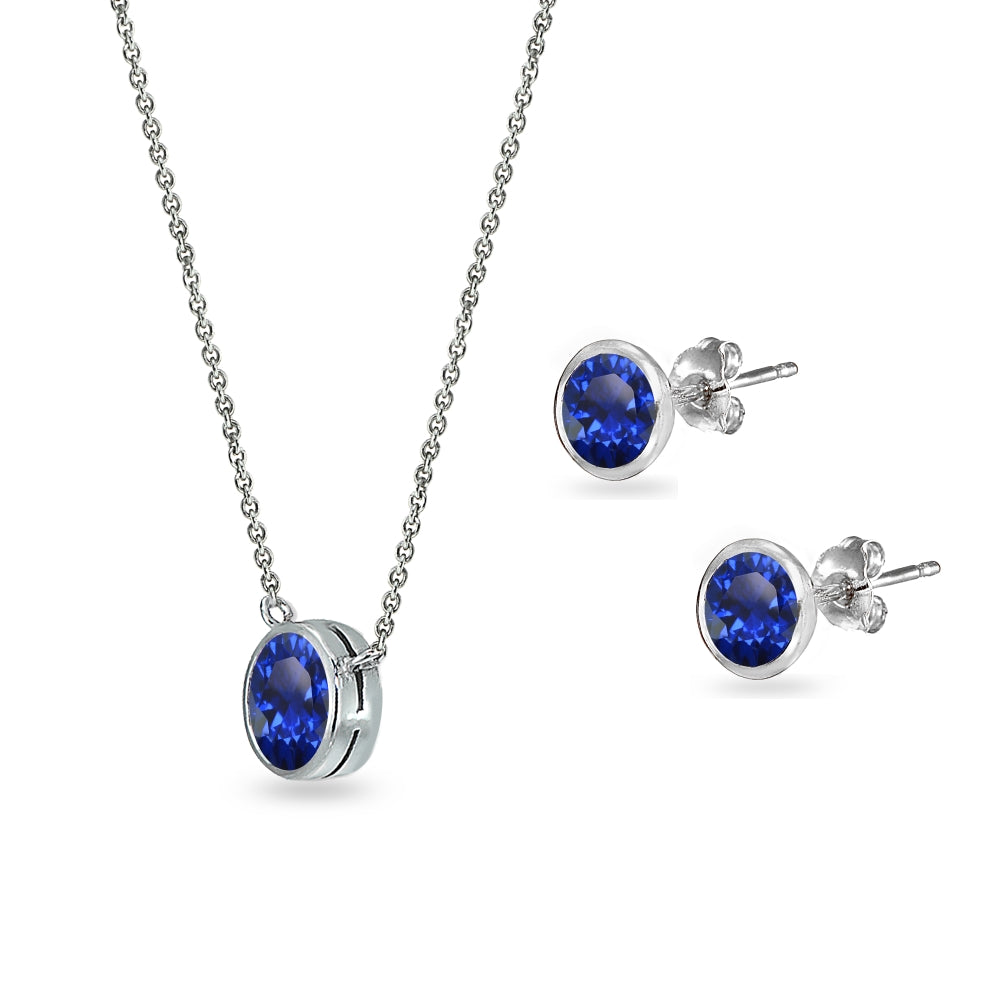 Sterling Silver Created Blue Sapphire 5mm Round Bezel-Set Solitaire Small Dainty Choker Necklace and Stud Earrings Set-2