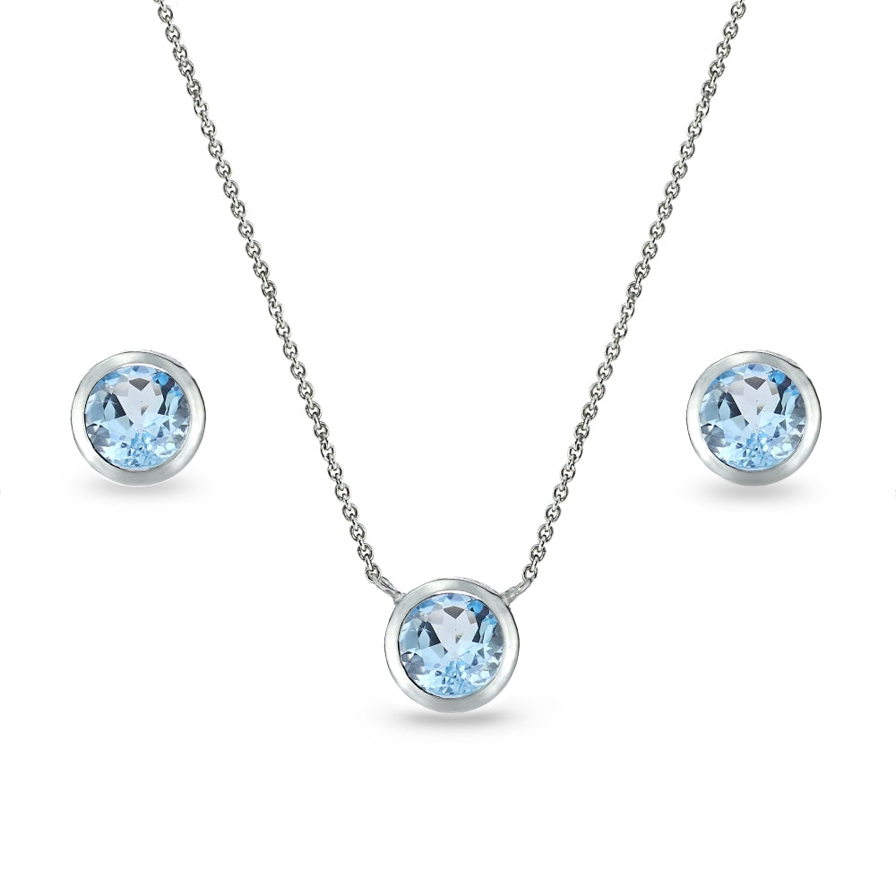 Sterling Silver Blue Topaz 5mm Round Bezel-Set Solitaire Small Dainty Choker Necklace and Stud Earrings Set