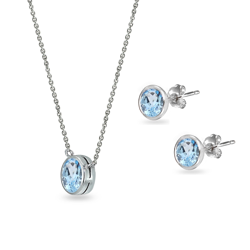 Sterling Silver Blue Topaz 5mm Round Bezel-Set Solitaire Small Dainty Choker Necklace and Stud Earrings Set-2