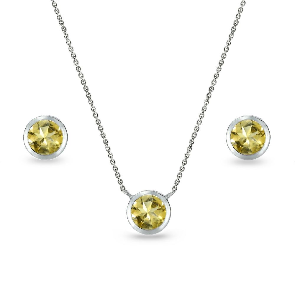 Sterling Silver Citrine 5mm Round Bezel-Set Solitaire Small Dainty Choker Necklace and Stud Earrings Set