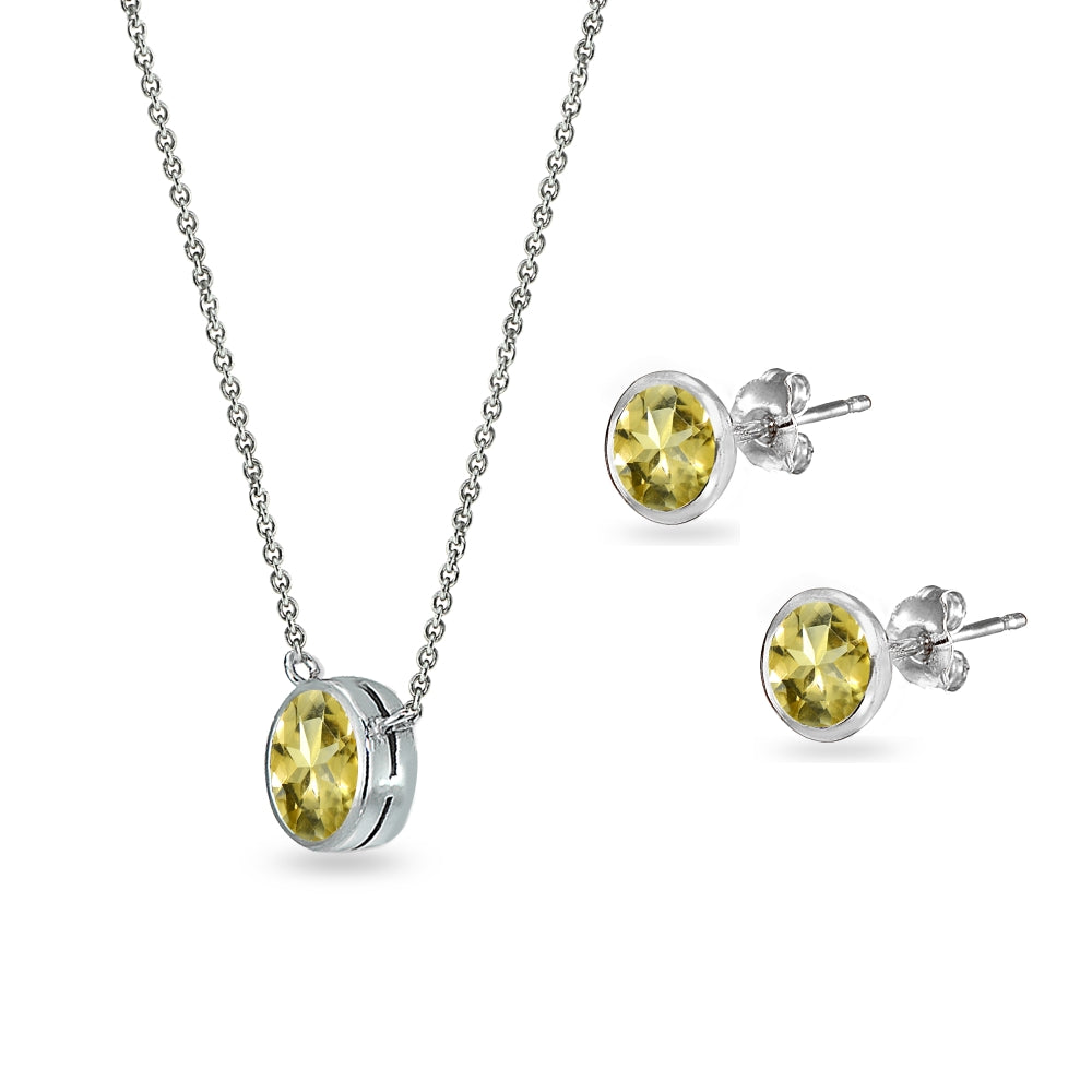 Sterling Silver Citrine 5mm Round Bezel-Set Solitaire Small Dainty Choker Necklace and Stud Earrings Set-2