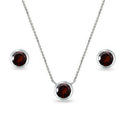 Sterling Silver Garnet 5mm Round Bezel-Set Solitaire Small Dainty Choker Necklace and Stud Earrings Set