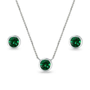 Sterling Silver Simulated Emerald 5mm Round Bezel-Set Solitaire Small Dainty Choker Necklace and Stud Earrings Set