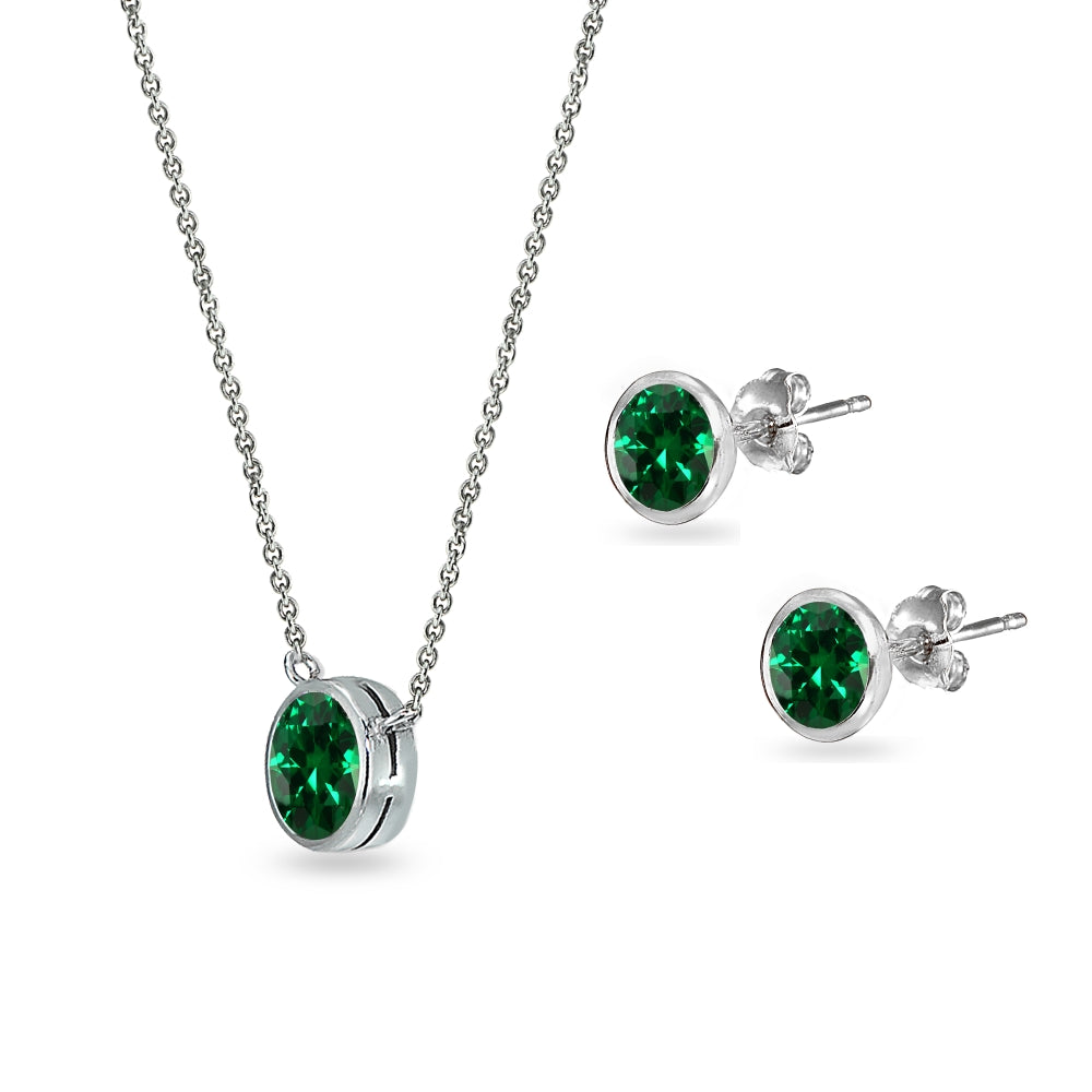 Sterling Silver Simulated Emerald 5mm Round Bezel-Set Solitaire Small Dainty Choker Necklace and Stud Earrings Set-2