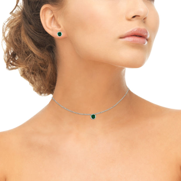 Sterling Silver Simulated Emerald 5mm Round Bezel-Set Solitaire Small Dainty Choker Necklace and Stud Earrings Set