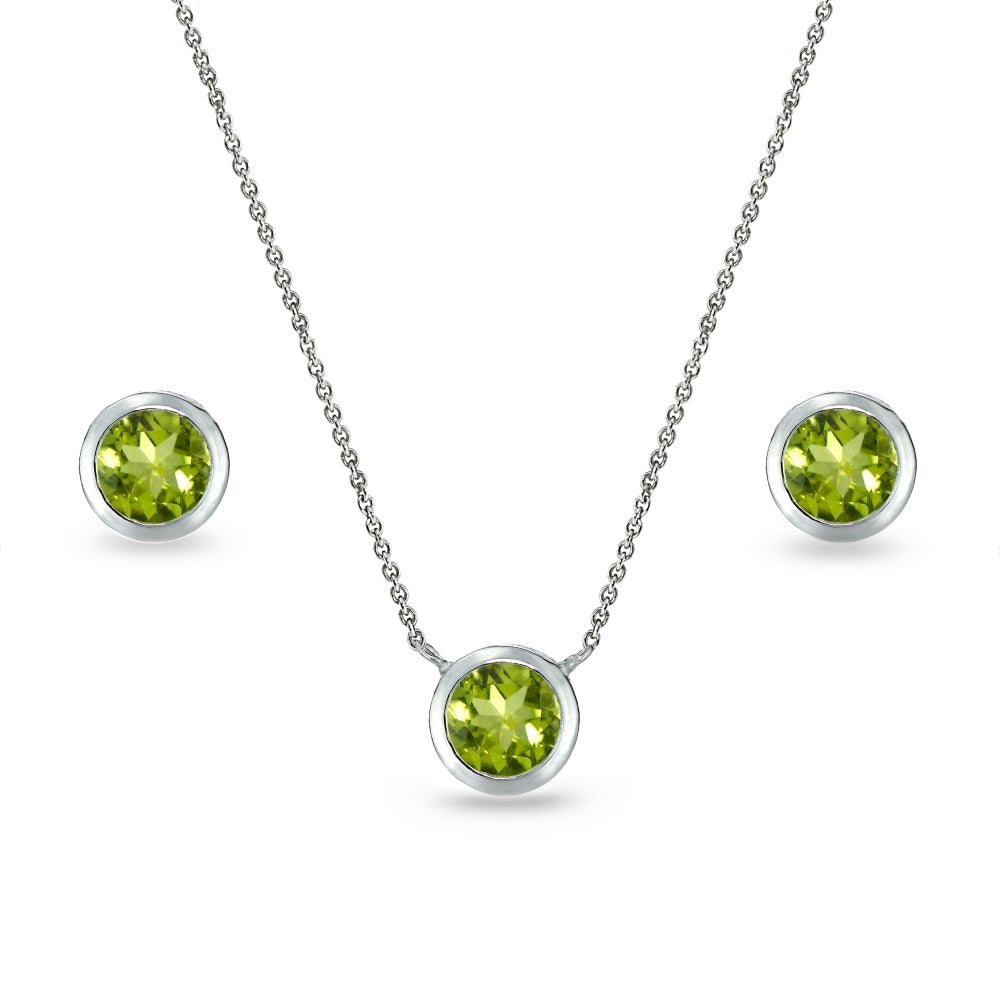 Sterling Silver Peridot 5mm Round Bezel-Set Solitaire Small Dainty Choker Necklace and Stud Earrings Set