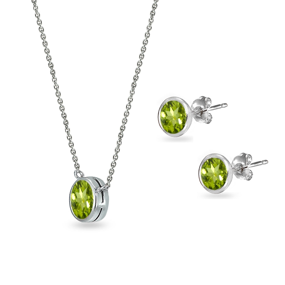 Sterling Silver Peridot 5mm Round Bezel-Set Solitaire Small Dainty Choker Necklace and Stud Earrings Set-2