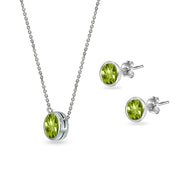 Sterling Silver Peridot 5mm Round Bezel-Set Solitaire Small Dainty Choker Necklace and Stud Earrings Set