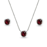 Sterling Silver Created Ruby 5mm Round Bezel-Set Solitaire Small Dainty Choker Necklace and Stud Earrings Set