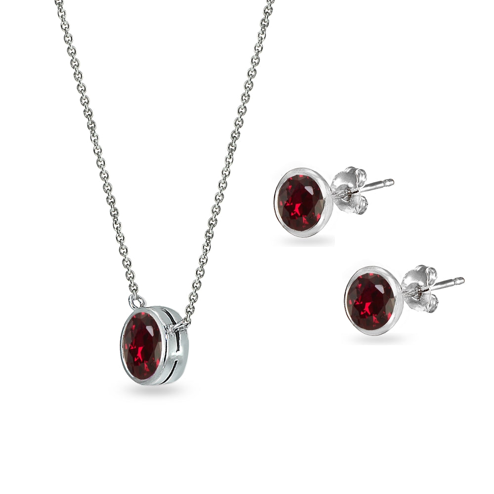 Sterling Silver Created Ruby 5mm Round Bezel-Set Solitaire Small Dainty Choker Necklace and Stud Earrings Set-2