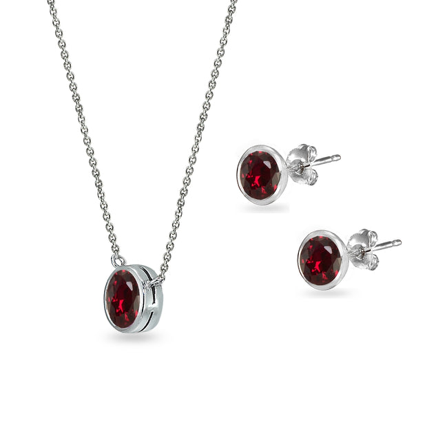 Sterling Silver Created Ruby 5mm Round Bezel-Set Solitaire Small Dainty Choker Necklace and Stud Earrings Set