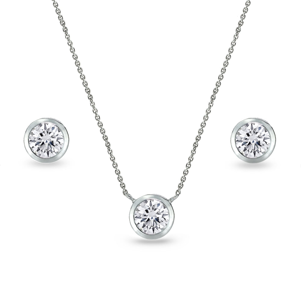 Sterling Silver Cubic Zirconia 5mm Round Bezel-Set Solitaire Small Dainty Choker Necklace and Stud Earrings Set