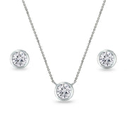 Sterling Silver Cubic Zirconia 5mm Round Bezel-Set Solitaire Small Dainty Choker Necklace and Stud Earrings Set