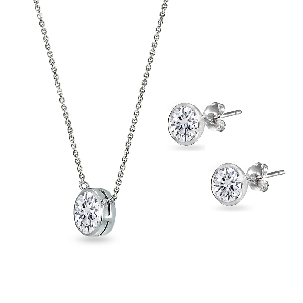Sterling Silver Cubic Zirconia 5mm Round Bezel-Set Solitaire Small Dainty Choker Necklace and Stud Earrings Set-2